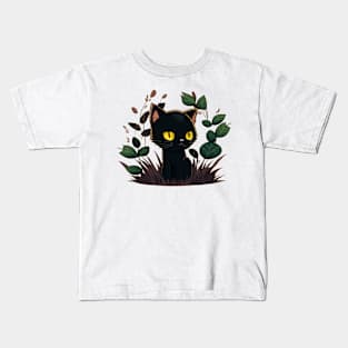 Cartoon Black Cat Sits Garden Kids T-Shirt